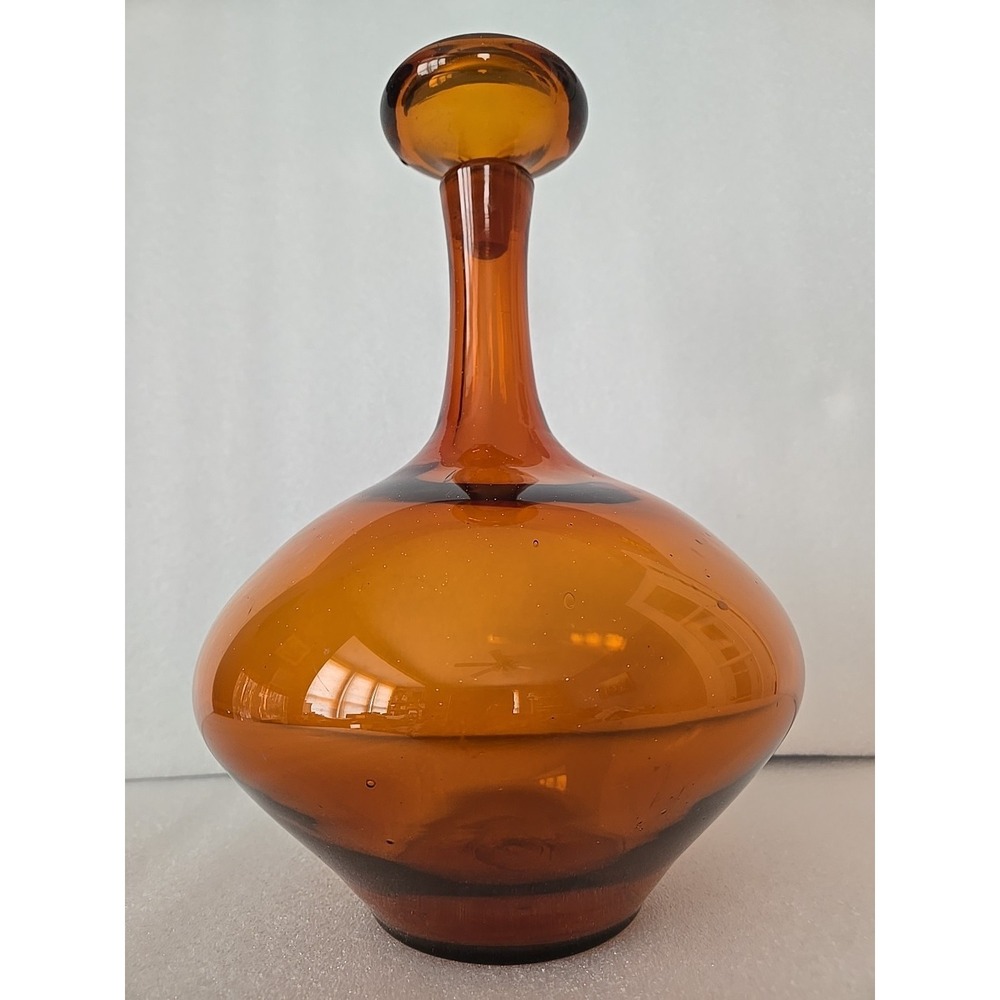 Blenko Orange Amber Glass Decanter Mushroom Stopper 14"